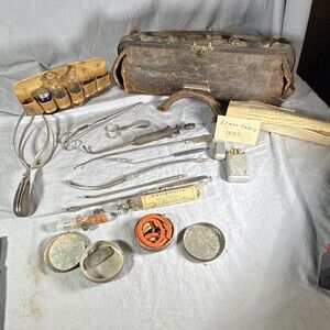 Antique 1880s Doctor Bag Surgical Kit Lot Provenance Shepard Dudley Forceps J&J